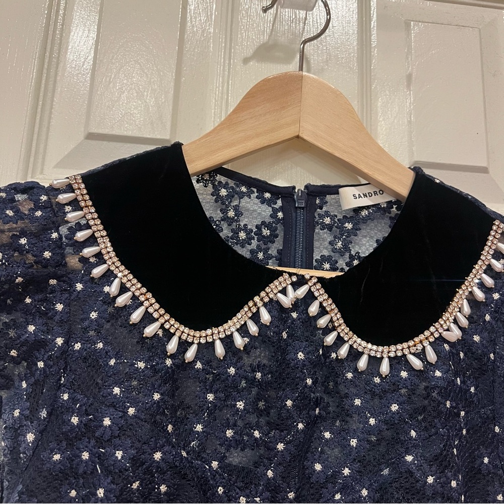SANDRO Lucianita Dress Navy Lace Mini Dress with Beaded Collar 38 - Picture 8 of 15